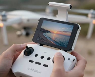 A close-up of a drone pilot's hands operating a professional remote control with a screen showing a coastal sunset in France. Precision and focus are evident. Soft pearl white highlights on the hardware.