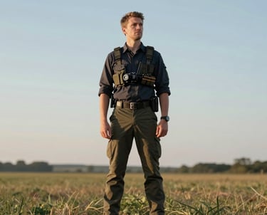A drone pilot (Western European) in professional attire standing in a field, looking at the horizon. Clean, minimal composition.