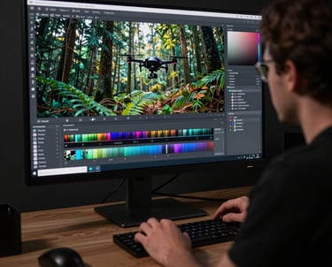 A digital artist working on a large high-resolution monitor in a studio, color grading drone footage of a forest. Dark professional atmosphere.