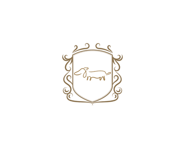 Line-drawn golden coat of arms with dachshund in middle