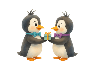 Pip the cartoon penguin giving his friend Oli the penguin a gift