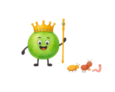 A proud talking pea holds a sceptre. Cartoon insects beside him