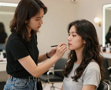 A stylist carefully applying color to a client's hair in a bright, cozy salon space.