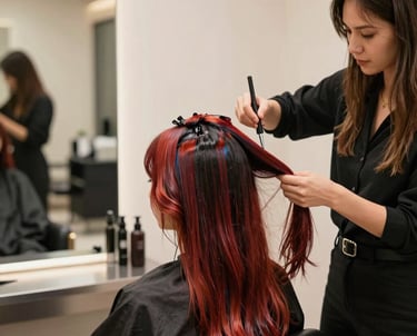 A stylist carefully applying color to a client's hair in a bright, cozy salon space.