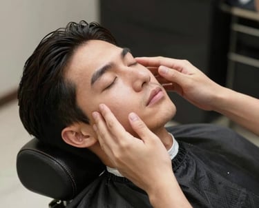 A stylist carefully applying color to a client's hair in a bright, cozy salon space.