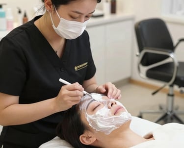 A stylist carefully applying color to a client's hair in a bright, cozy salon space.