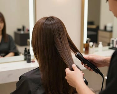 A stylist carefully applying color to a client's hair in a bright, cozy salon space.
