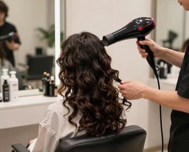 A stylist carefully applying color to a client's hair in a bright, cozy salon space.