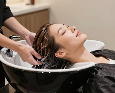 A stylist carefully applying color to a client's hair in a bright, cozy salon space.