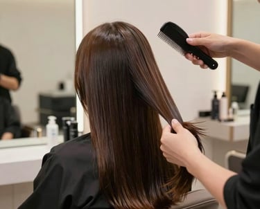 A stylist carefully applying color to a client's hair in a bright, cozy salon space.
