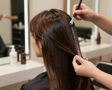 A stylist carefully applying color to a client's hair in a bright, cozy salon space.
