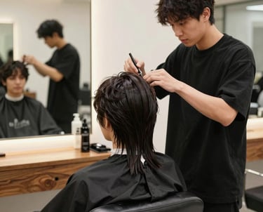 A stylist carefully applying color to a client's hair in a bright, cozy salon space.