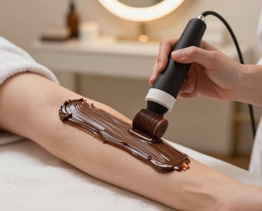 A stylist carefully applying color to a client's hair in a bright, cozy salon space.
