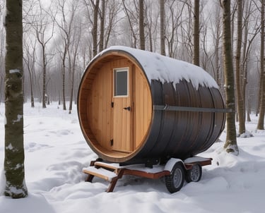 A cozy wooden barrel sauna set up outdoors with soft glowing lights in the evening.