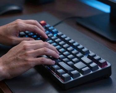 Close-up of hands typing on a high-end mechanical keyboard. The room is dimly lit with cool blue LED accents. Modern tech professional environment.