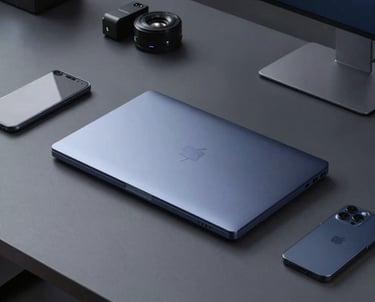 An organized desk with professional Android development tools. Dark gray surface, steel blue accents, minimalist and precise. Professional tech lab style.