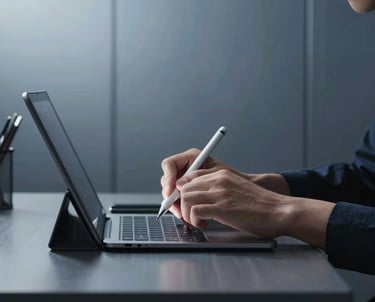 Side profile of a designer working on a tablet with a stylus. High contrast lighting, focused on the precise movement. Minimalist office background with steel blue tones.