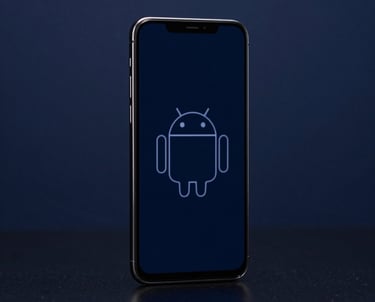 A professional photo of an Android phone in a dark, navy blue studio setting. The screen glow reflects off a polished surface. Minimalist and high-tech.
