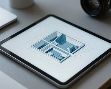 Focus on a professional tablet displaying a clean architectural diagram. Muted blue and pale blue colors. Soft, even lighting in a modern workspace.