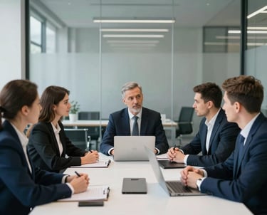 A professional team meeting in a modern glass-walled office in Kyiv. Soft natural light, high-tech atmosphere, navy blue and white color scheme. Reliable and forward-thinking mood.