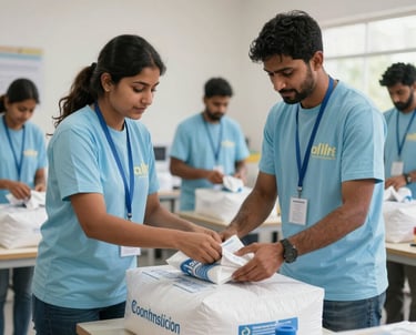 Clean, professional photograph of humanitarian volunteers in South Asia organizing essential relief supplies and food packages in a dedicated community center. Daylight, colors including sky blue and mist white.