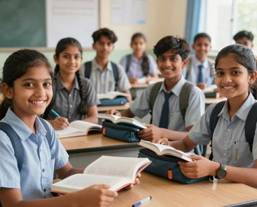 A group of South Asian students smiling as they receive new textbooks and stationary kits in a well-lit, clean classroom. The image exudes a sense of hope, trustworthiness, and academic focus.