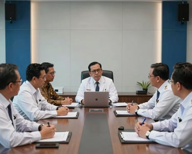 A formal meeting in a professional boardroom in West Kalimantan, Indonesian doctors in formal attire discussing with government officials, focused and serious atmosphere, modern office setting with steel blue and light gray accents.