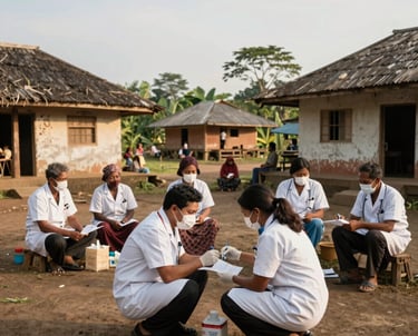 Wide angle photography of an Indonesian medical team providing free health checks in a rural West Kalimantan village, community setting with local architecture, warm daylight, humanitarian and compassionate atmosphere.