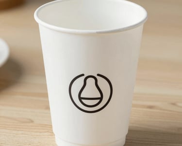 A refreshing iced drink in a transparent cafecup cup with condensation droplets, set against a sunny outdoor cafe background.