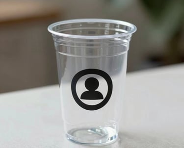 A refreshing iced drink in a transparent cafecup cup with condensation droplets, set against a sunny outdoor cafe background.
