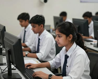 South Asian students in a high-tech school computer lab in Gajraula, wearing clean white uniforms, focusing on monitors, with a visible CCTV security camera in the background.