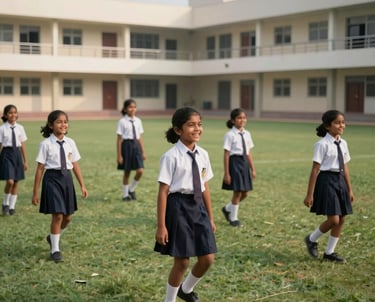 A group of happy South Asian children in school uniforms participating in an outdoor activity-based session on a green field at a modern school campus in India.