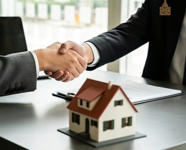 a man and woman shaking hands over a house