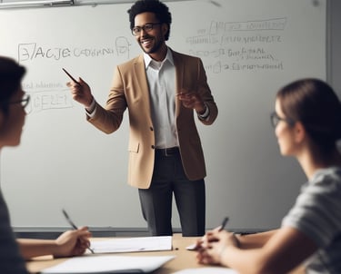 A lively workshop scene with a coach engaging a small group in dynamic training.