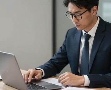 Professional accountant working on tax documents with a calculator and laptop in a navy blue and gold-themed office.
