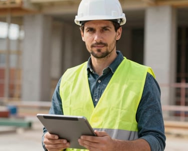 A professional portrait of a male structural engineer in his 30s, wearing a white hard hat and a professional vest, holding a digital tablet with blueprints. Central European setting at a construction site.