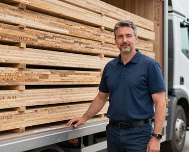 A professional portrait of a male logistics expert in his 40s standing next to a transport truck loaded with neatly stacked CLT panels, ready for European export. Professional and efficient mood.