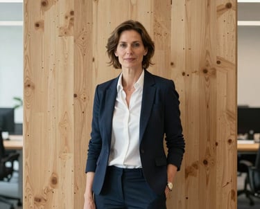 A professional portrait of a female architect in her 40s wearing smart-casual attire, standing in front of a CLT wall in a modern office. Central European style, professional and confident.