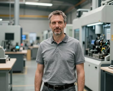 A professional portrait of a male production manager in his 50s standing in a clean, modern timber manufacturing facility with high-tech machinery in the background. Central European context.