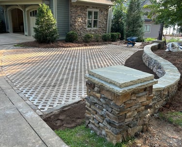Finished motor court project. Pavers. Stone wall & columns