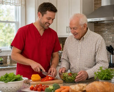 Caregiver in red scrubs helping senior prepare a meal in kitchen, supporting daily routines and a comfortable home