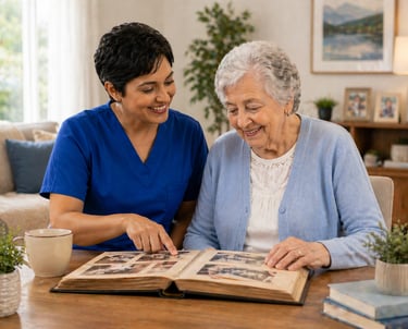 Memory care caregiver and senior woman looking through photo album