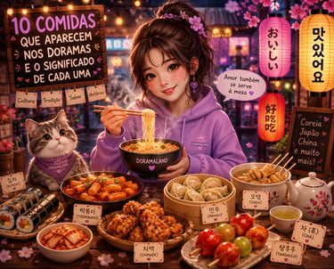 Anime girl eating ramen noodles surrounded by Korean street food like kimbap, tteokbokki, and fried chicken.