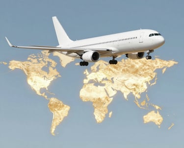 A sleek airplane soaring above African landscapes at sunset.