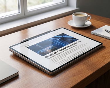 A tablet showing text and an image about Quantum Computing Advances