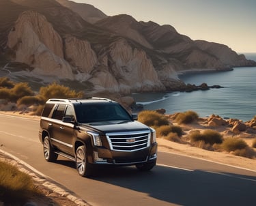 A sleek black Cadillac parked on a sunny Spanish street.