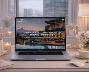 Laptop displaying Casa Velaris real estate website for luxury houses for sale in Puebla, Mexico.