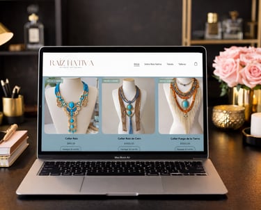 Handmade bohemian necklaces displayed on a website store on a laptop in a workspace.