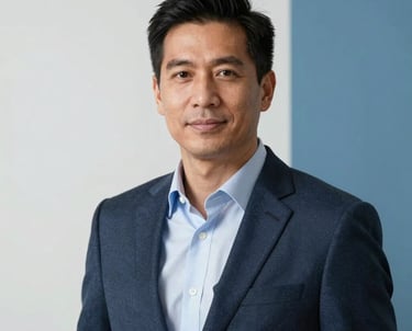 A professional portrait of a man in business attire, standing against a minimalist white and medium blue background. The lighting is soft and flattering, typical of a North American / International Professional corporate headshot.