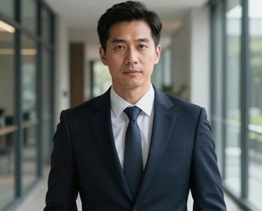 A professional portrait of a man in business attire, looking forward with confidence. The background is a clean, minimalist hallway with glass and dark navy accents. North American / International Professional style.